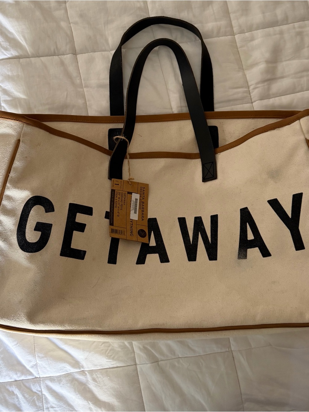 Canvas 'Getaway' Tote Bag with Leather Trim - Cream/Black